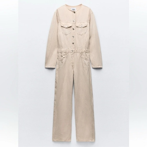 ZARA LONG FLOWY CREAM JUMPSUIT - Picture 1 of 5